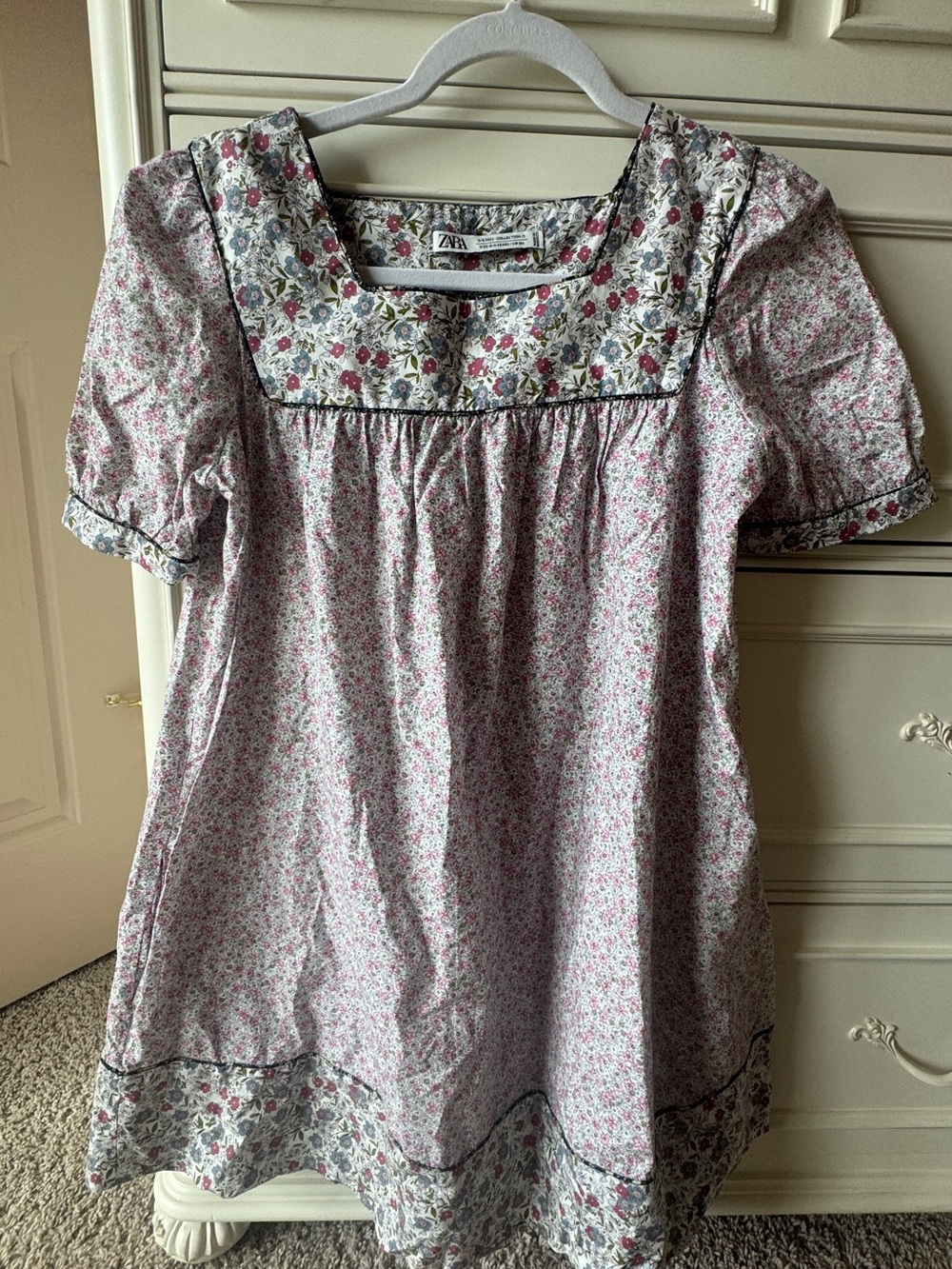 Zara Pink and White Floral Square-Yoke Puff Sleeve Dress